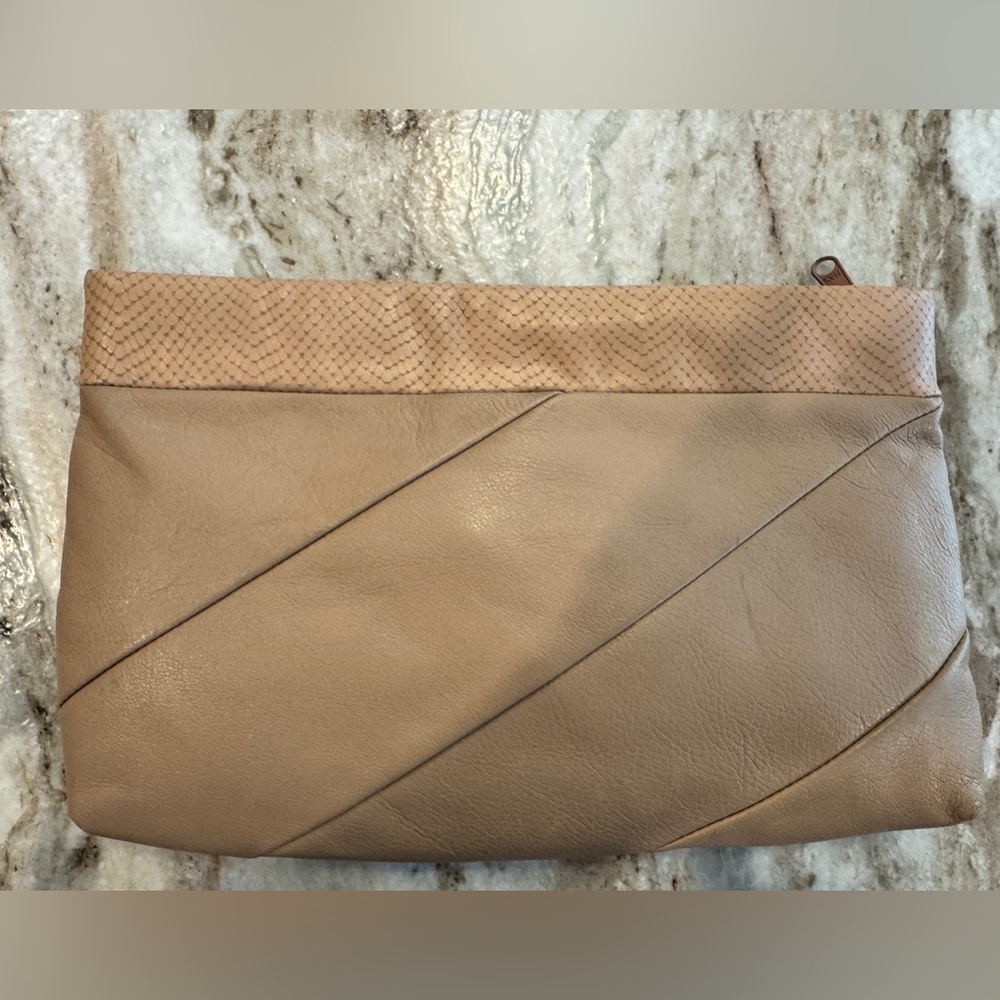 Vintage 1980’s Beige Faux Leather Clutch, Reptile Texture Trim